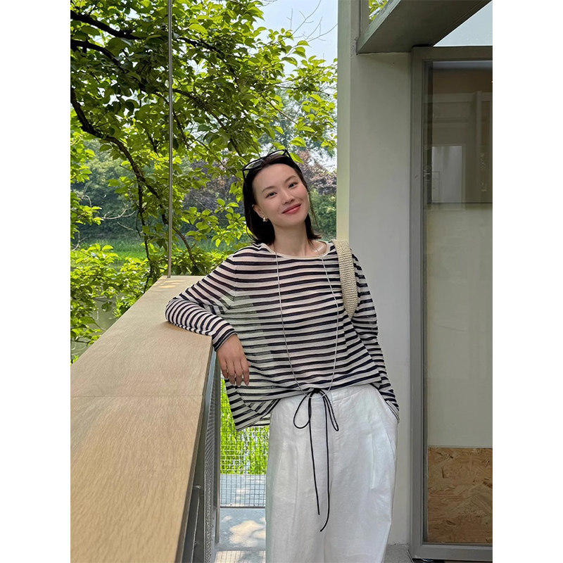 韩系条纹微透冰丝防晒罩衫女夏季穿搭松弛感宽松长袖t恤薄纱上衣