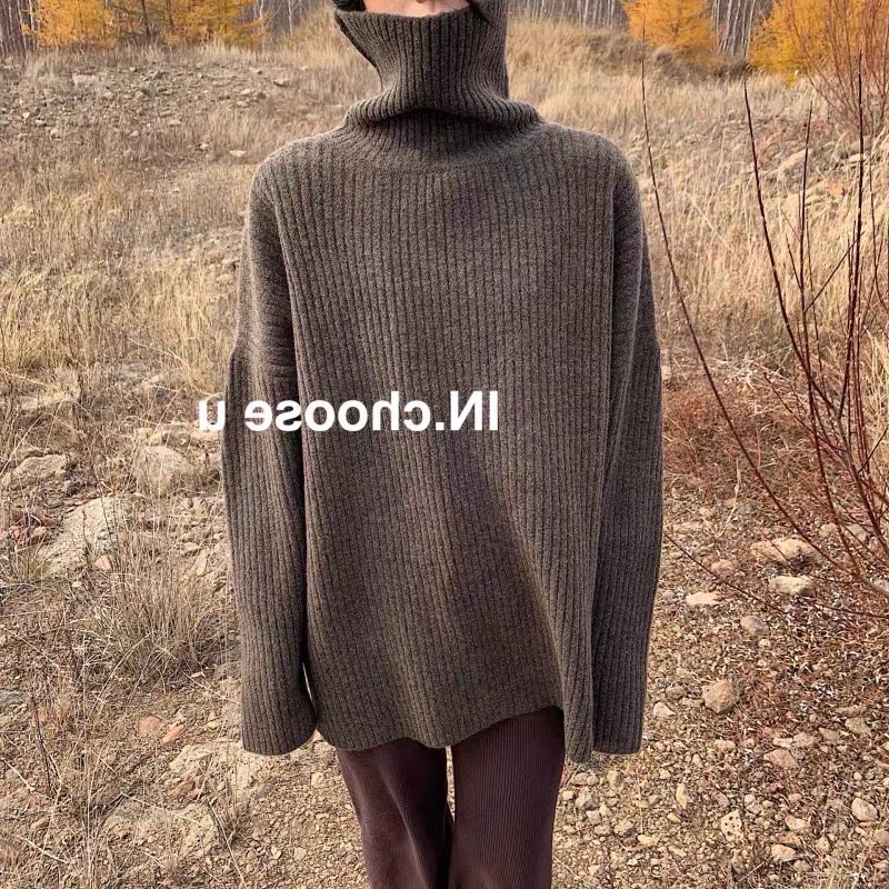 2025秋冬新款韩版坑条纯色高领毛衣女宽松外穿加厚慵懒打底针织衫