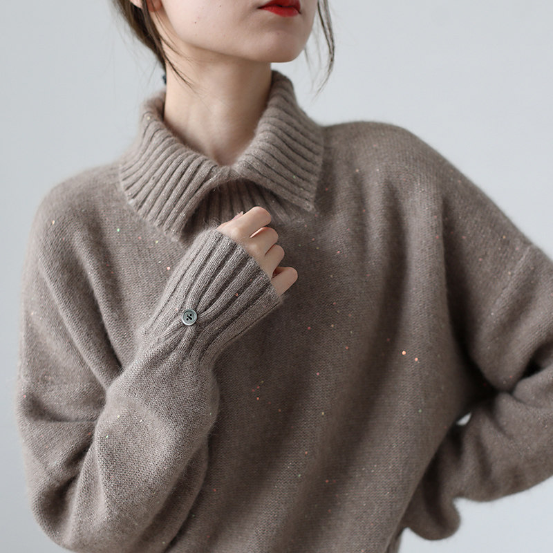 欧洲站浣熊绒亮片加厚polo翻领毛衣女冬季宽松外穿洋气内搭针织衫