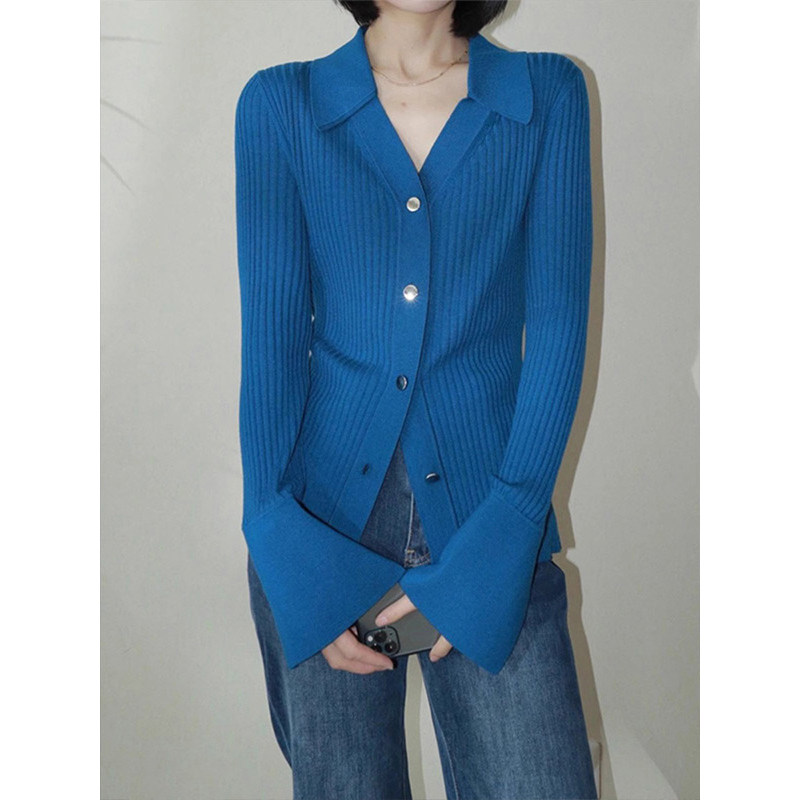 法式克莱因蓝翻领针织开衫女秋冬修身v领内搭打底衫毛衣长袖上衣