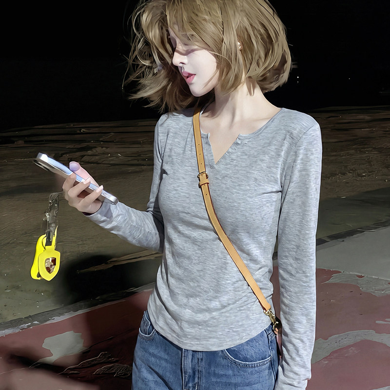 灰色亚麻v领防晒罩衫长袖t恤女秋