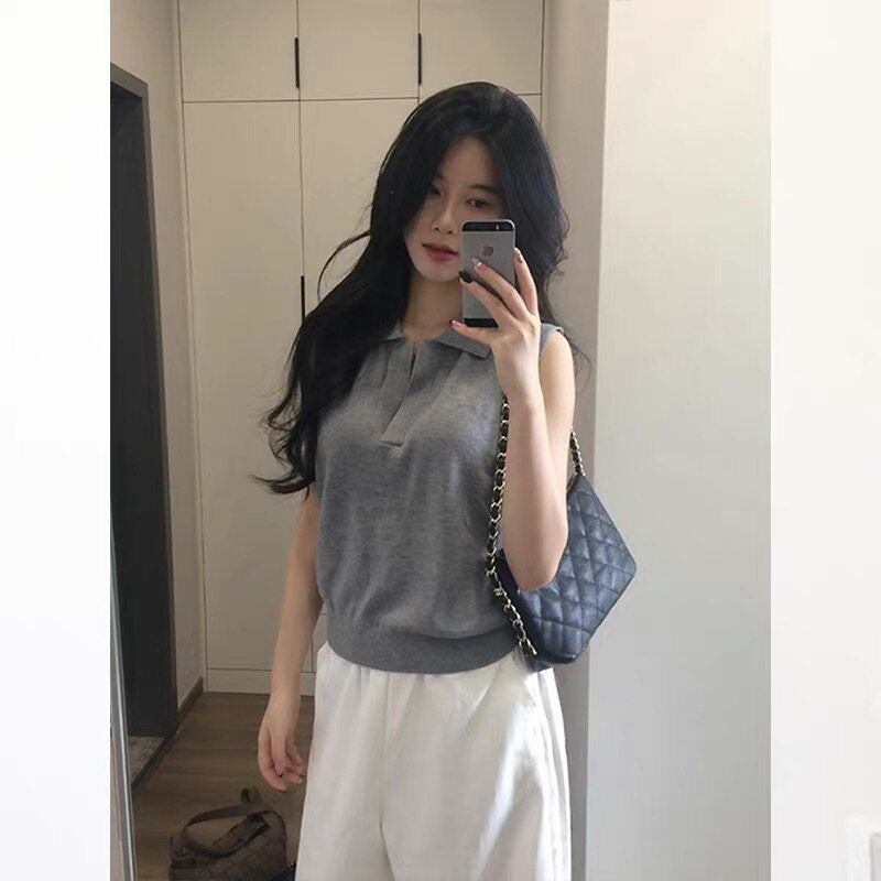 气质灰色polo翻领针织衫背心女夏季老钱风v领短款无袖t恤露肩上衣