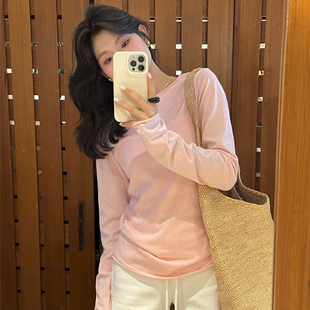 韩系粉色薄款内搭打底衫女春秋季绝美巨好看修身长袖t恤微透上衣