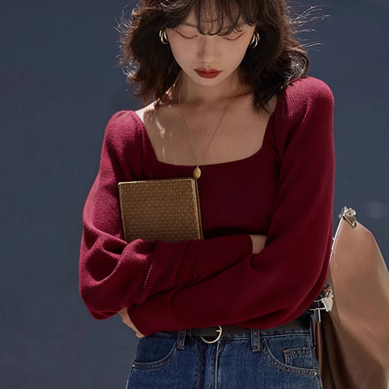 法式复古酒红色方领针织打底衫女秋冬绝美巨好看修身内搭毛衣上衣,女装/女士精品,毛针织衫,淘宝优惠券,粉丝福利购,淘宝优惠卷