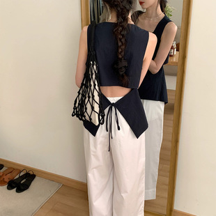 法式黑色方领无袖背心女夏季高级感后背系带镂空小吊带气质上衣薄