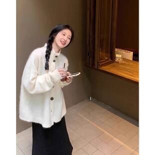 白色高领马海毛毛衣外套女秋冬中长款软糯立领针织开衫氛围感上衣