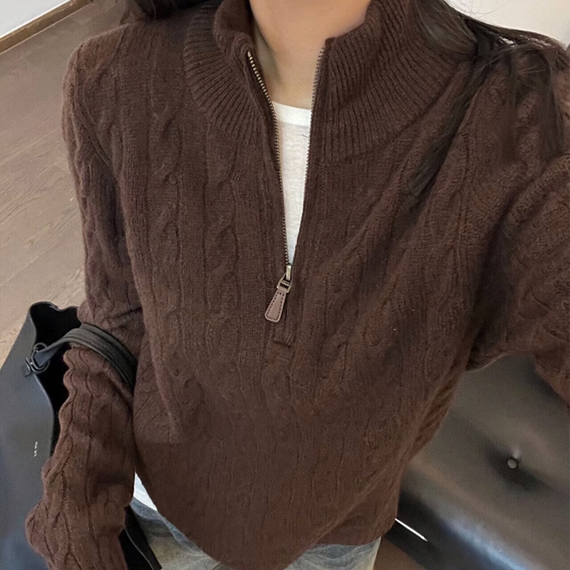 美式咖色半拉链立领麻花毛衣女秋冬老钱风软糯内搭针织打底衫上衣