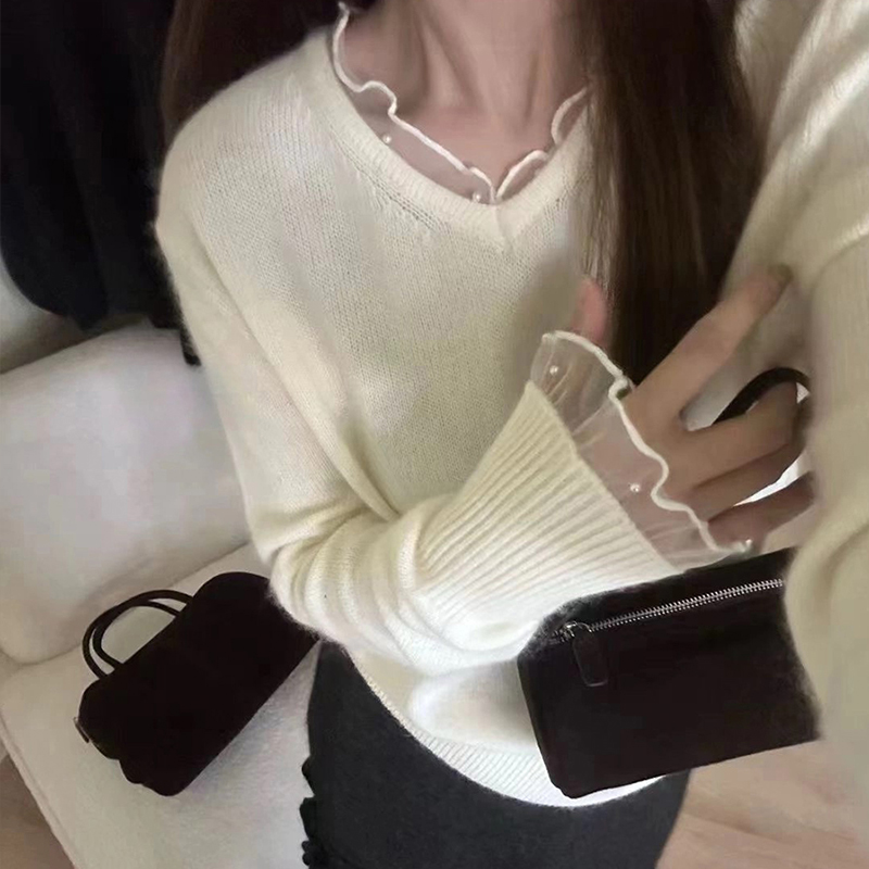 小香风v领蕾丝针织打底衫上衣女