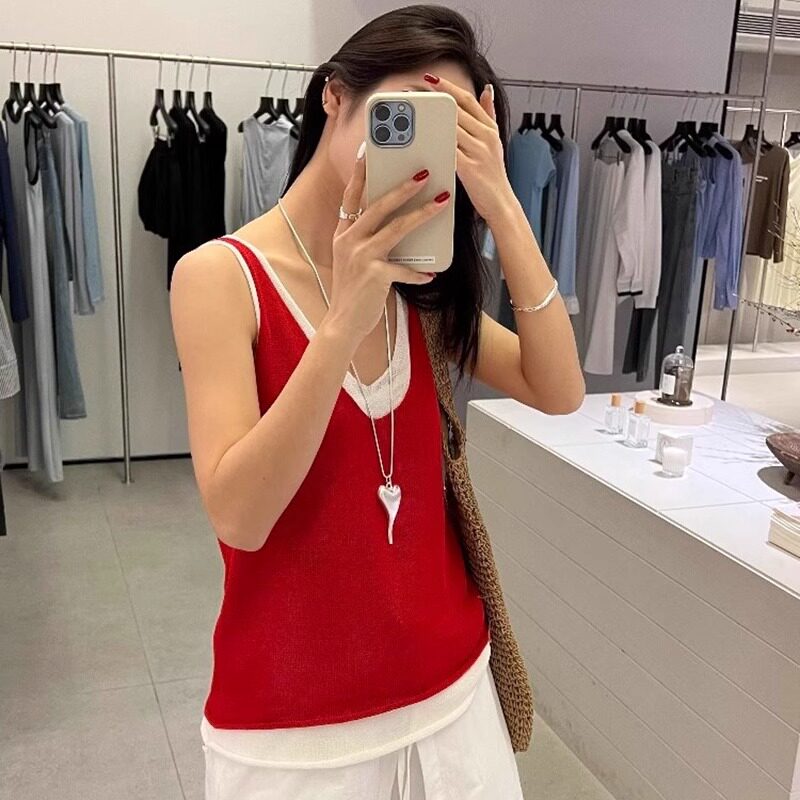 红色假两件撞色v领吊带背心女夏季外穿设计感无袖冰丝针织衫上衣