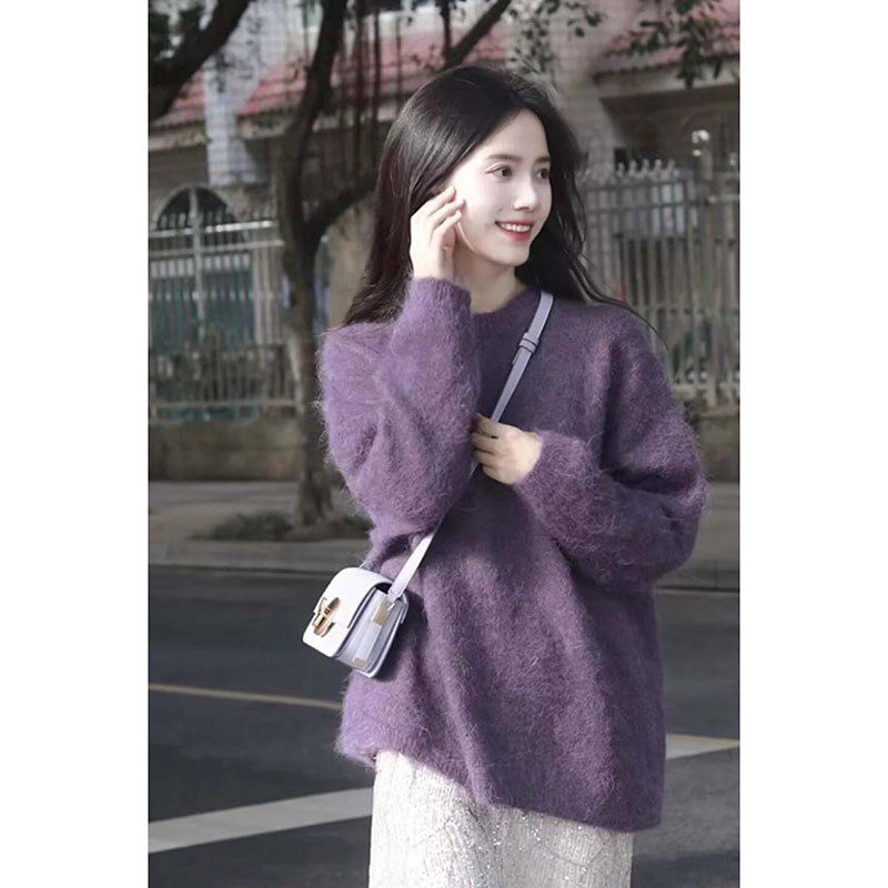 紫色圆领套头软糯马海毛毛衣女