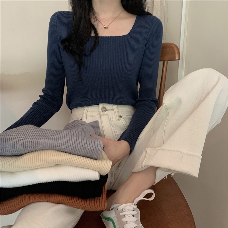 方领修身显瘦打底法式内搭针织衫
