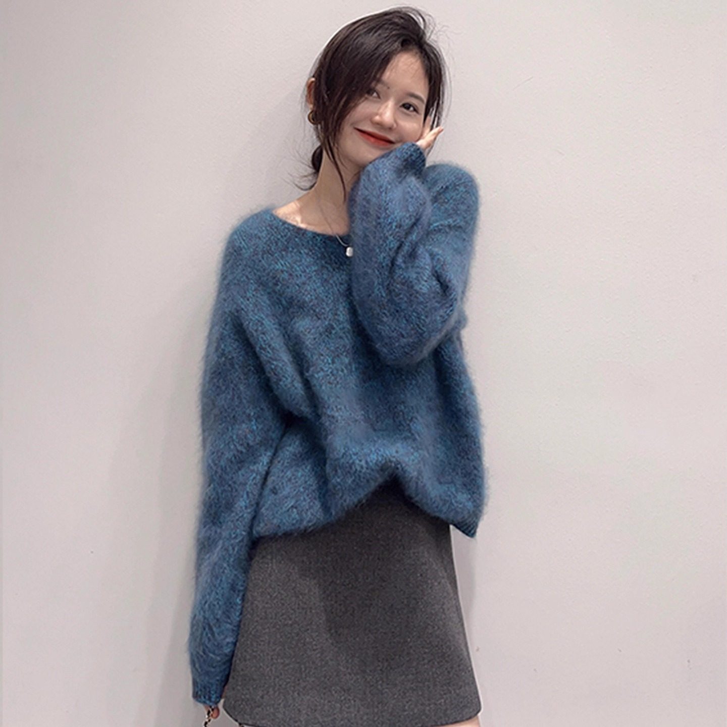 绝美巨好看蓝色套头厚毛衣女秋冬季可外穿慵懒宽松针织衫内搭上衣