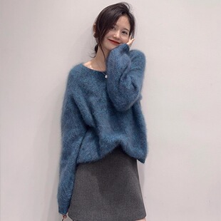 绝美巨好看蓝色套头厚毛衣女秋冬季可外穿慵懒宽松针织衫内搭上衣