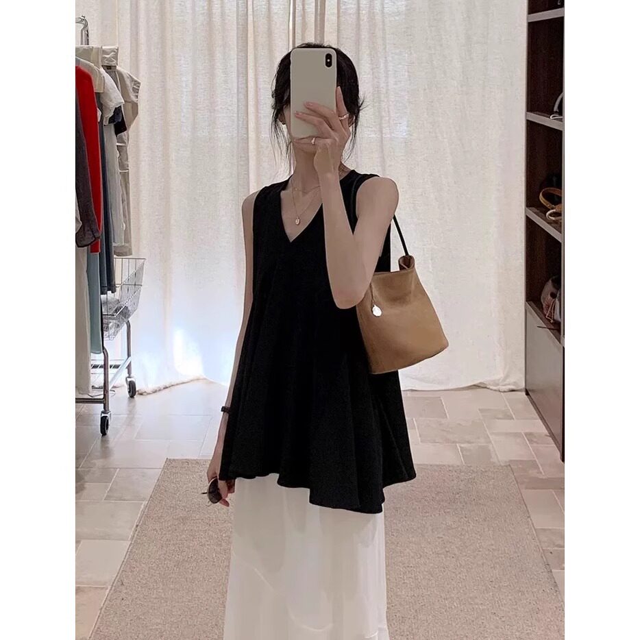 法式黑色v领吊带背心女夏季高级感外穿无袖亚麻娃娃衫中长款上衣