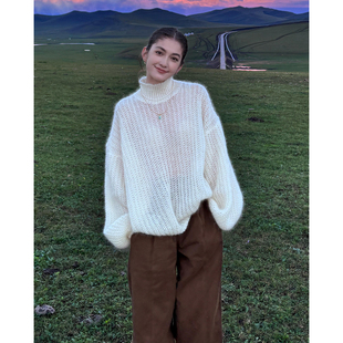 高级感白色半高领马海毛毛衣女秋冬慵懒风宽松镂空针织衫外穿上衣