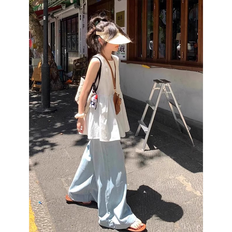 法式白色亚麻吊带背心女夏季外穿宽松娃娃衫薄款无袖棉麻衬衫上衣