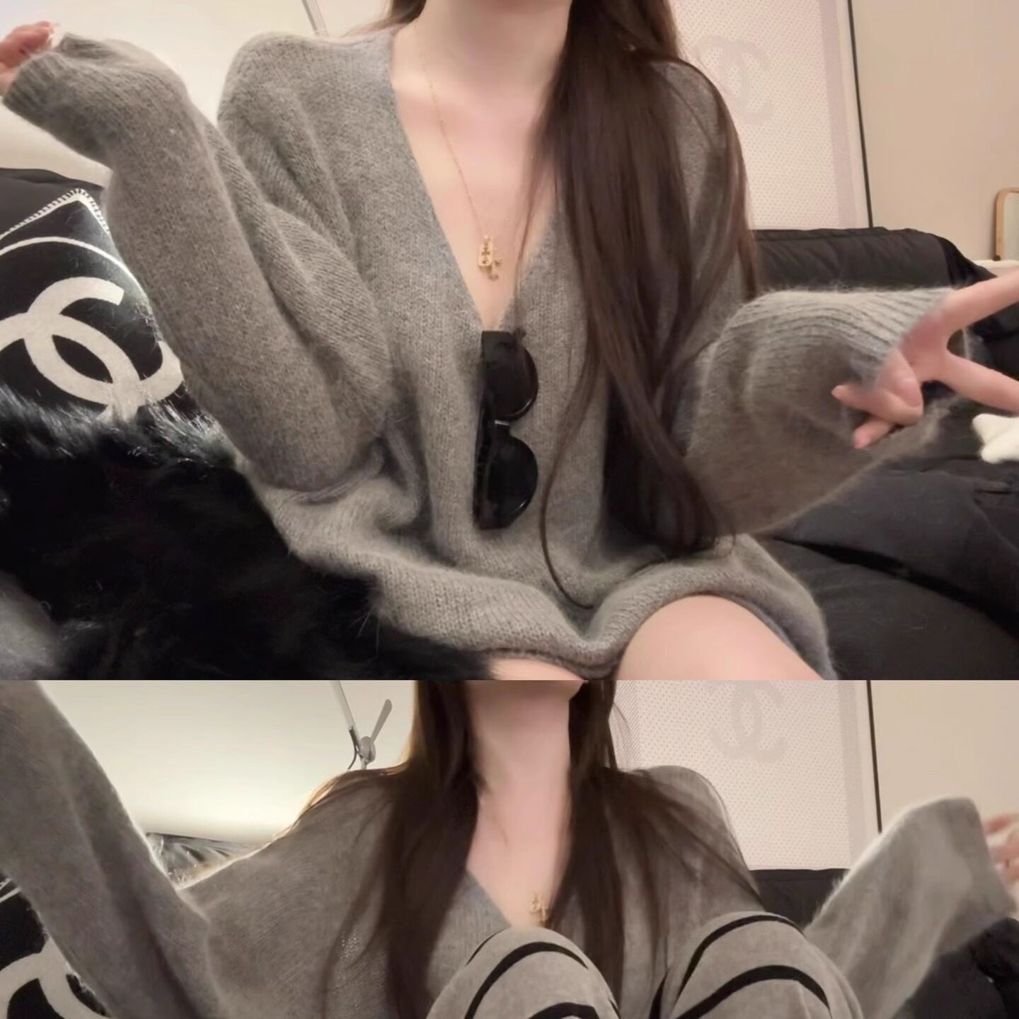 慵懒风宽松v领毛衣中长款针织衫