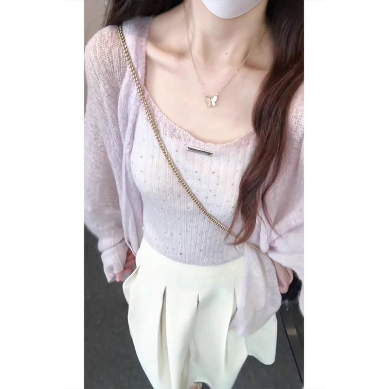 香芋紫色薄款长袖针织开衫女2025早秋新款外搭防晒上衣吊带两件套