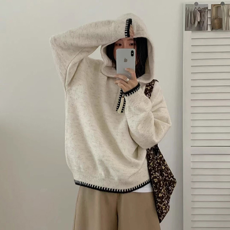 美式半拉链连帽毛衣针织帽衫卫衣