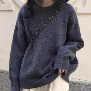 秋冬新款灰色圆领毛衣女可外穿内搭慵懒风休闲宽松针织衫加厚上衣