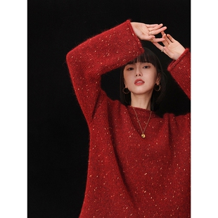 新年红色金丝套头毛衣女秋冬2025年新款温柔风慵懒宽松针织衫内搭