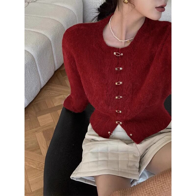 圣诞新年红色水貂绒毛衣女秋冬外搭高级感小香风短款针织开衫外套