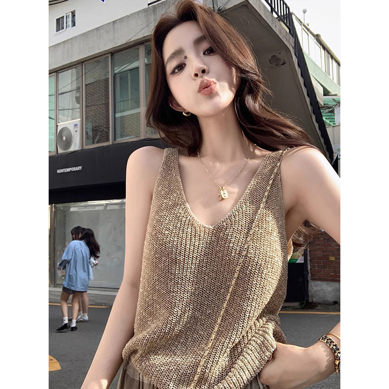 老钱风v领冰丝针织吊带背心女夏季穿搭宽松显瘦美背无袖上衣外穿