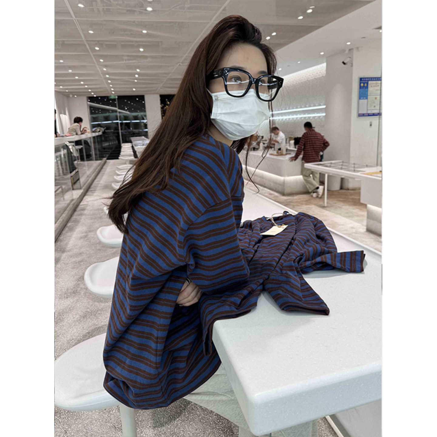 韩系撞色条纹圆领长袖t恤女秋冬慵懒松弛感外穿宽松内搭打底上衣