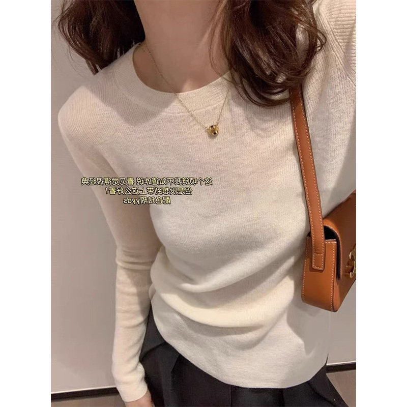 法式高级感v领长袖针织T恤上衣女薄秋季修身显瘦正肩外穿漂亮小衫