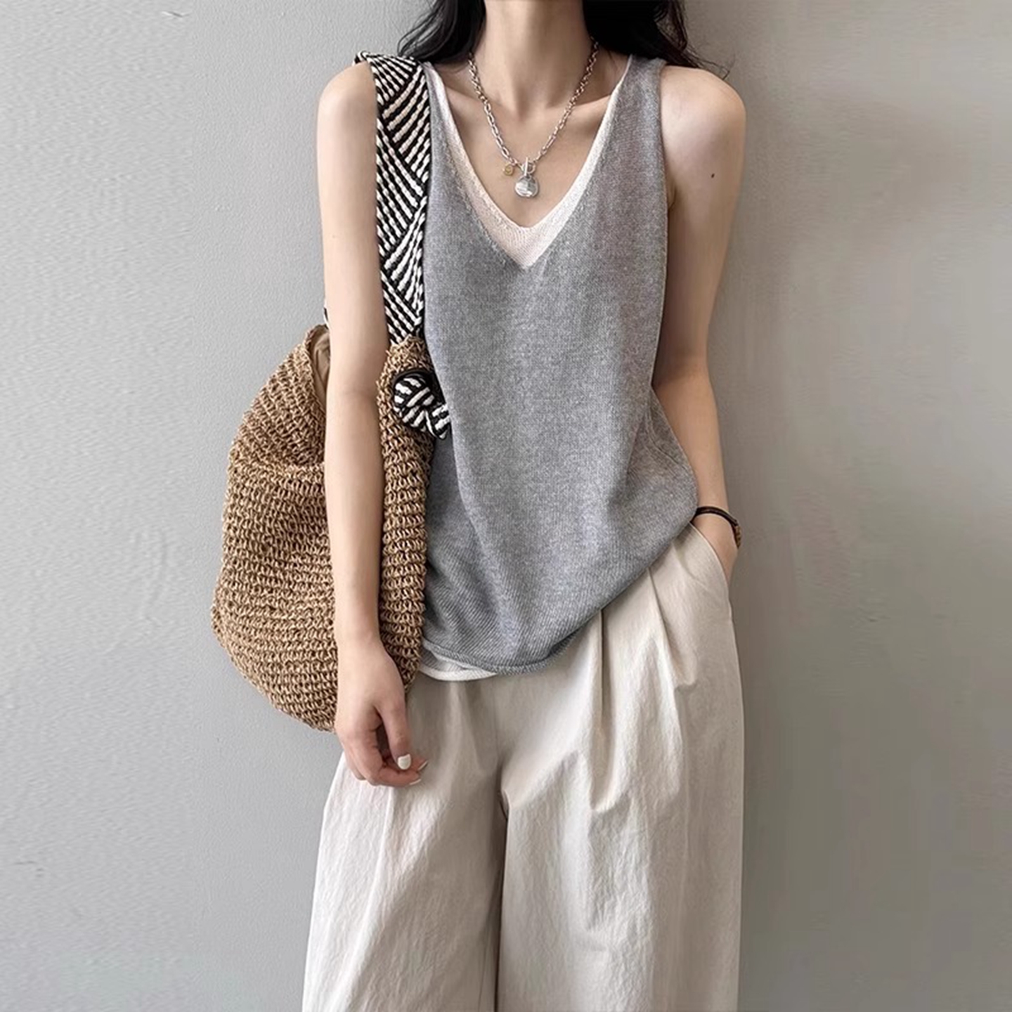 灰色假两件v领针织吊带背心女夏季外穿老钱风冰丝亚麻无袖上衣薄