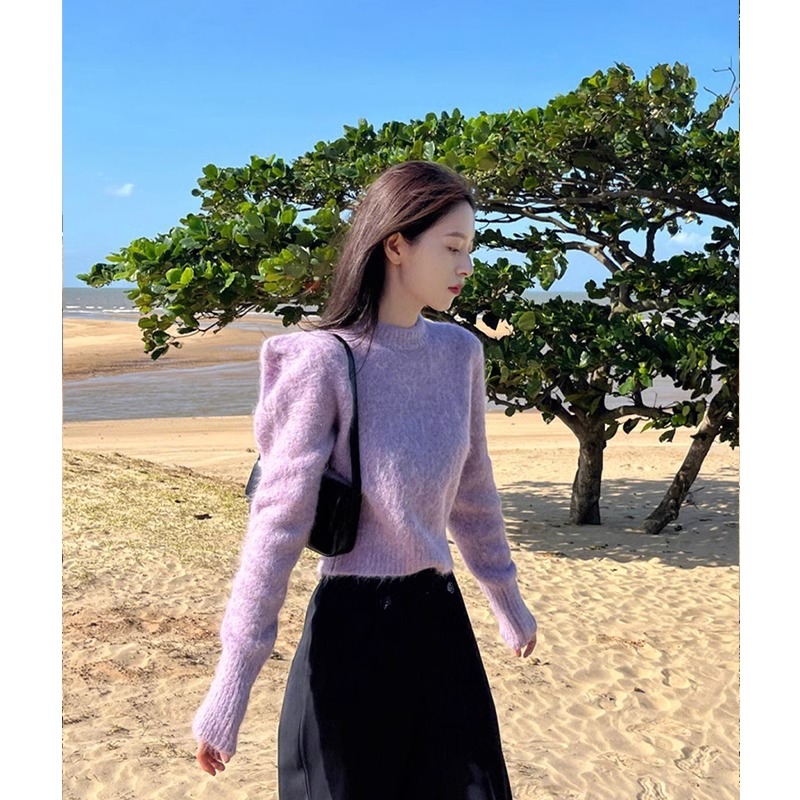 香芋紫色软糯套头毛衣女冬季小个子短款收腰针织羊毛衫正肩上衣厚