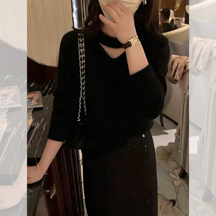 小香风黑色挂脖v领针织衫女秋冬高级感宽松内搭打底毛衣气质上衣