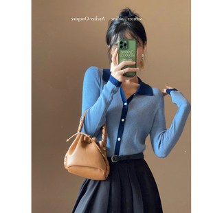 法式复古polo领针织开衫女秋季新款撞色拼接修身显瘦毛衣内搭上衣