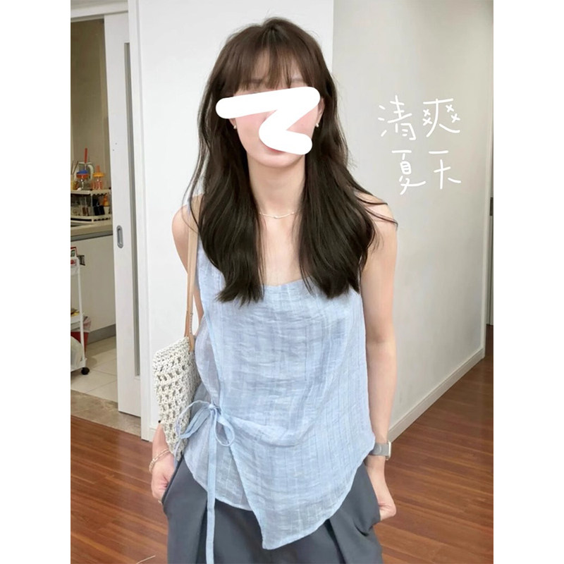 不规则绑带无袖棉麻背心吊带上衣