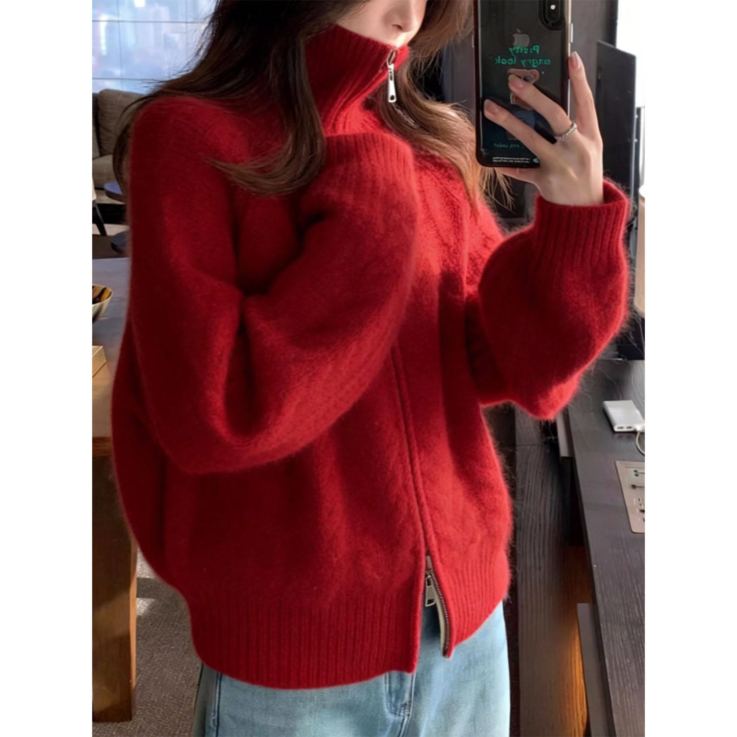 巨好看红色麻花高领毛衣外套女秋冬慵懒宽松针织拉链开衫新年上衣