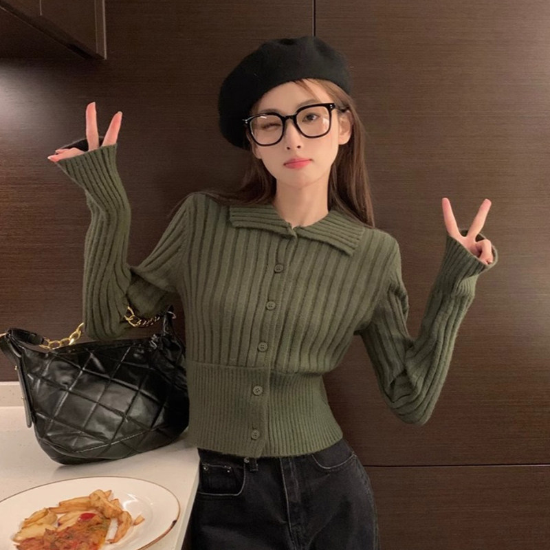 牛油果绿坑条翻领针织开衫女秋冬高级感修身收腰内搭毛衣短款上衣