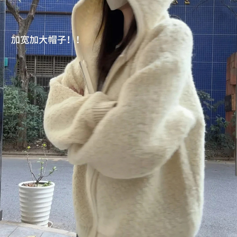 羊羔毛连帽毛衣外套加厚开衫上衣