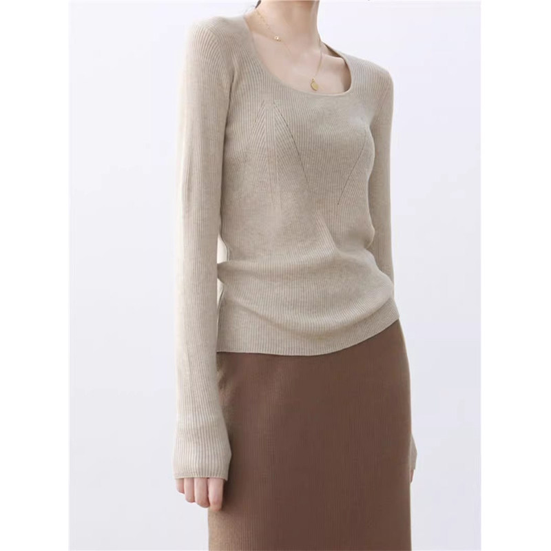 欧货米色方领羊毛针织衫女秋冬季内搭修身软糯打底衫毛衣薄款上衣