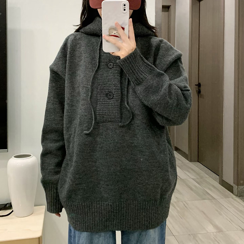 韩系连帽套头厚毛衣宽松针织上衣
