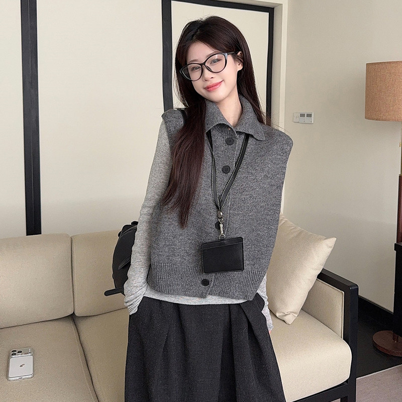 高智感灰色高领针织马甲背心女秋冬两面叠穿无袖麻花毛衣开衫上衣
