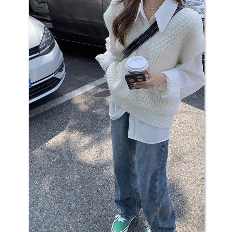 韩版学院风V领针织衫马甲女秋季新款设计感叠穿无袖坎肩毛衣背心
