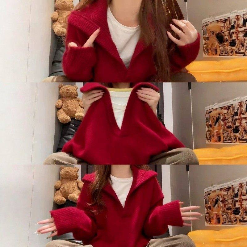 过年红色v领毛衣女秋冬穿搭高级感宽松翻领加厚针织衫巨好看上衣