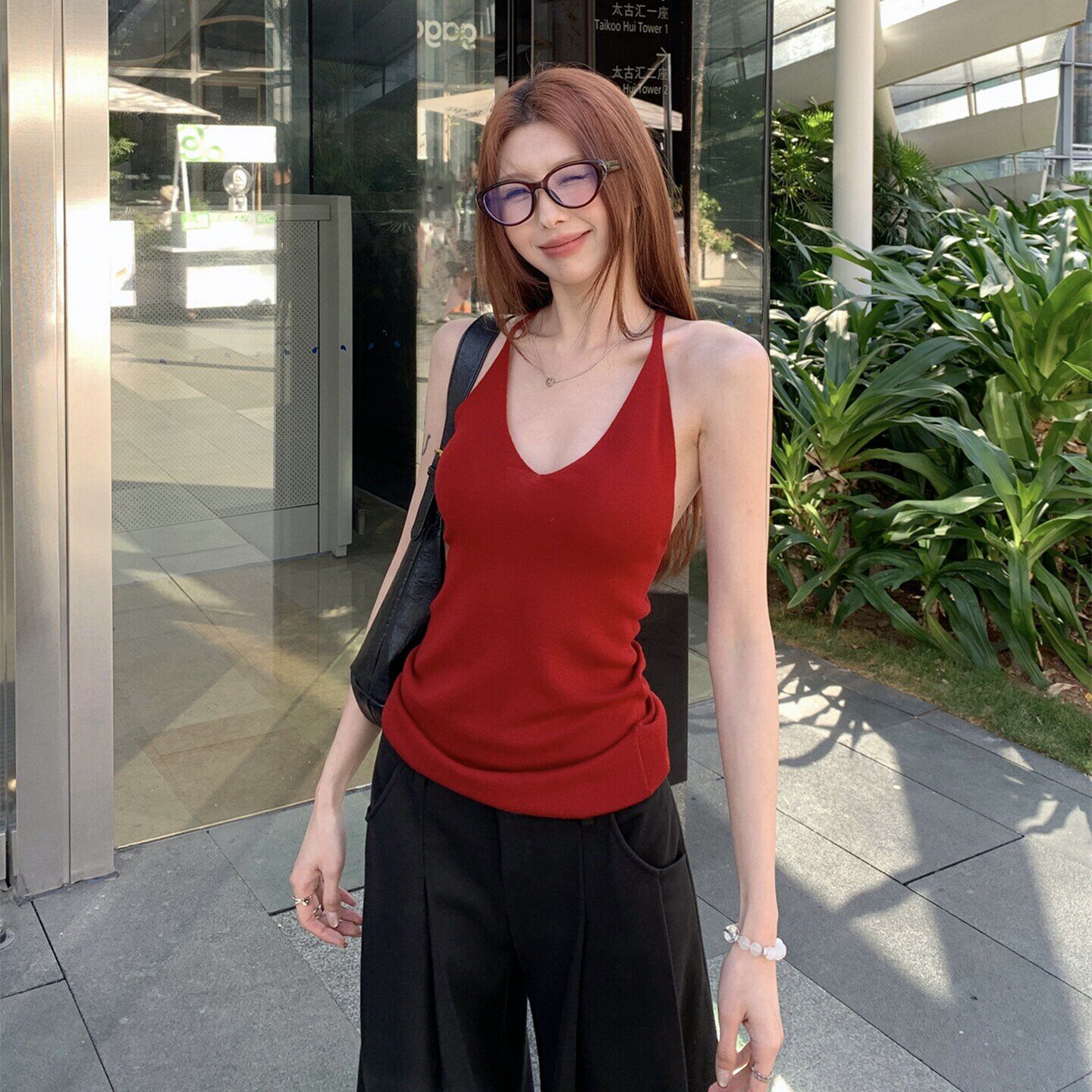 v领挂脖小吊带背心美背无袖上衣