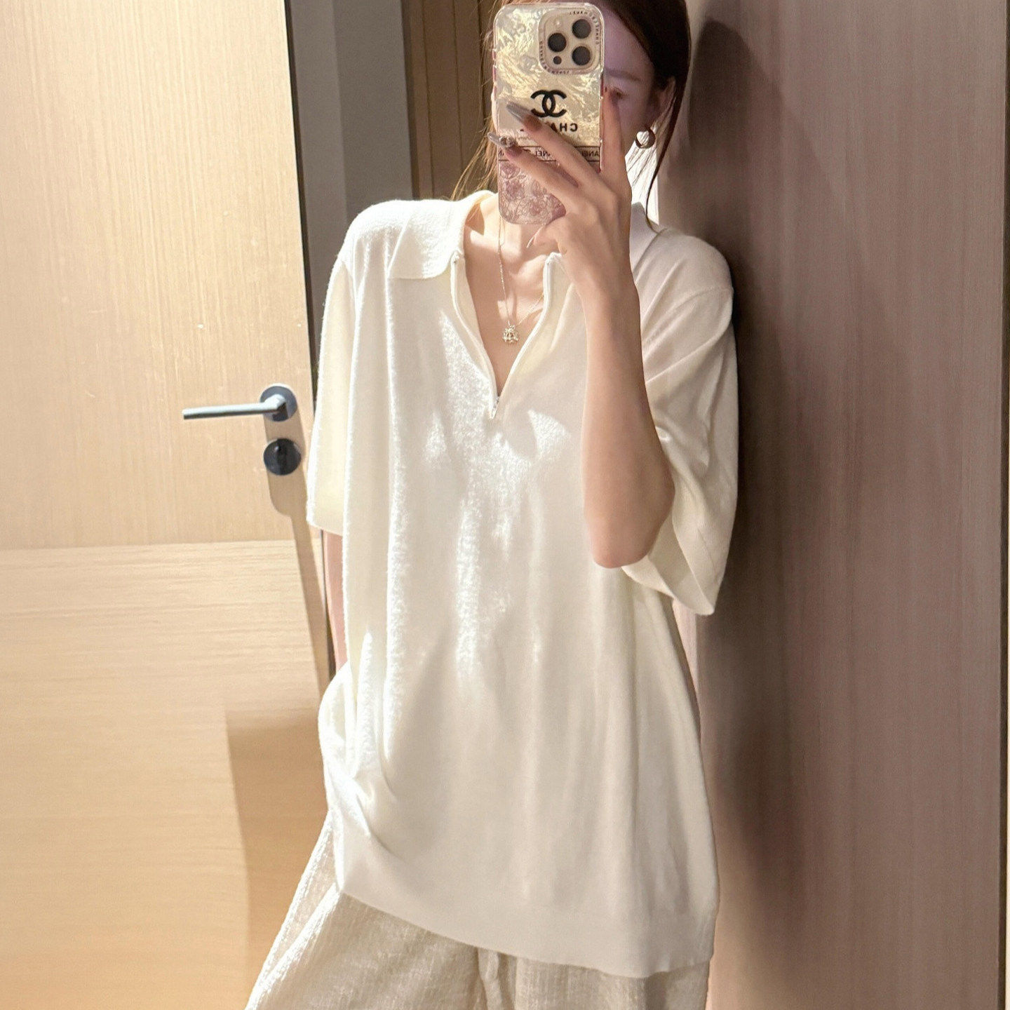 白色半拉链polo领短袖t恤女夏季穿搭慵懒松弛感宽松百搭半袖上衣