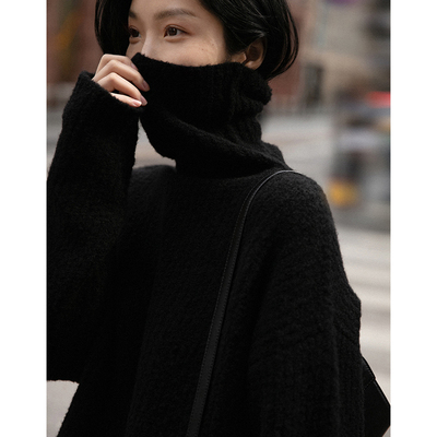法式黑色慵懒高领宽松软糯毛衣女