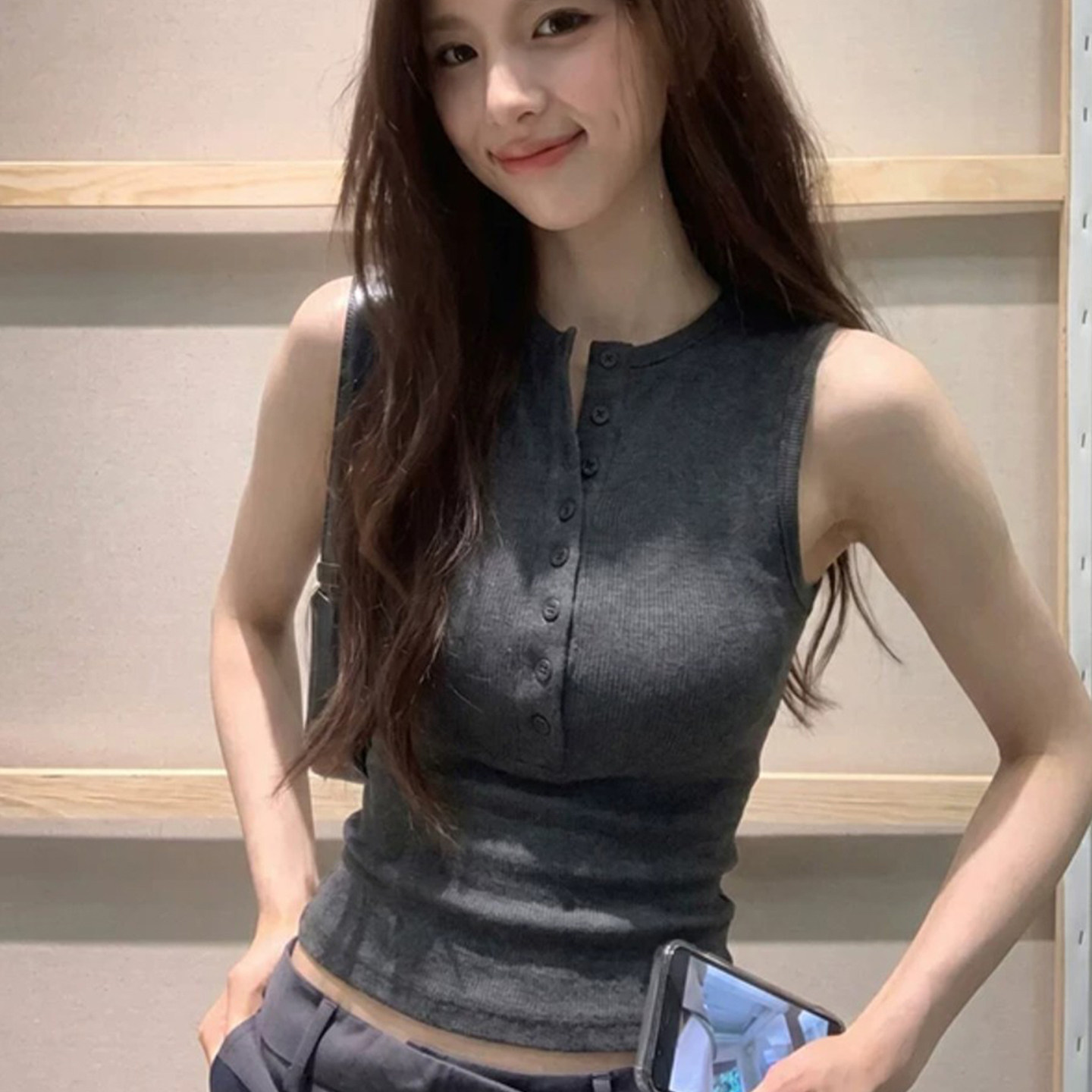 美式辣妹灰色亨利领吊带背心女夏