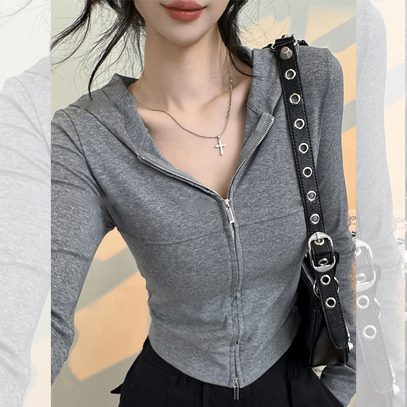美式复古灰色拉链连帽开衫上衣女秋冬季辣妹修身内搭长袖t恤帽衫