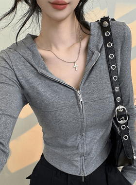 美式复古灰色拉链连帽开衫上衣女秋冬季辣妹修身内搭长袖t恤帽衫