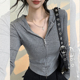 t恤帽衫 美式 辣妹修身 内搭长袖 复古灰色拉链连帽开衫 上衣女秋冬季