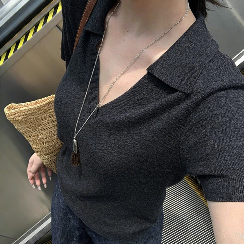 老钱风灰色polo衫短袖t恤女夏季穿搭正肩修身高端小资针织衫上衣